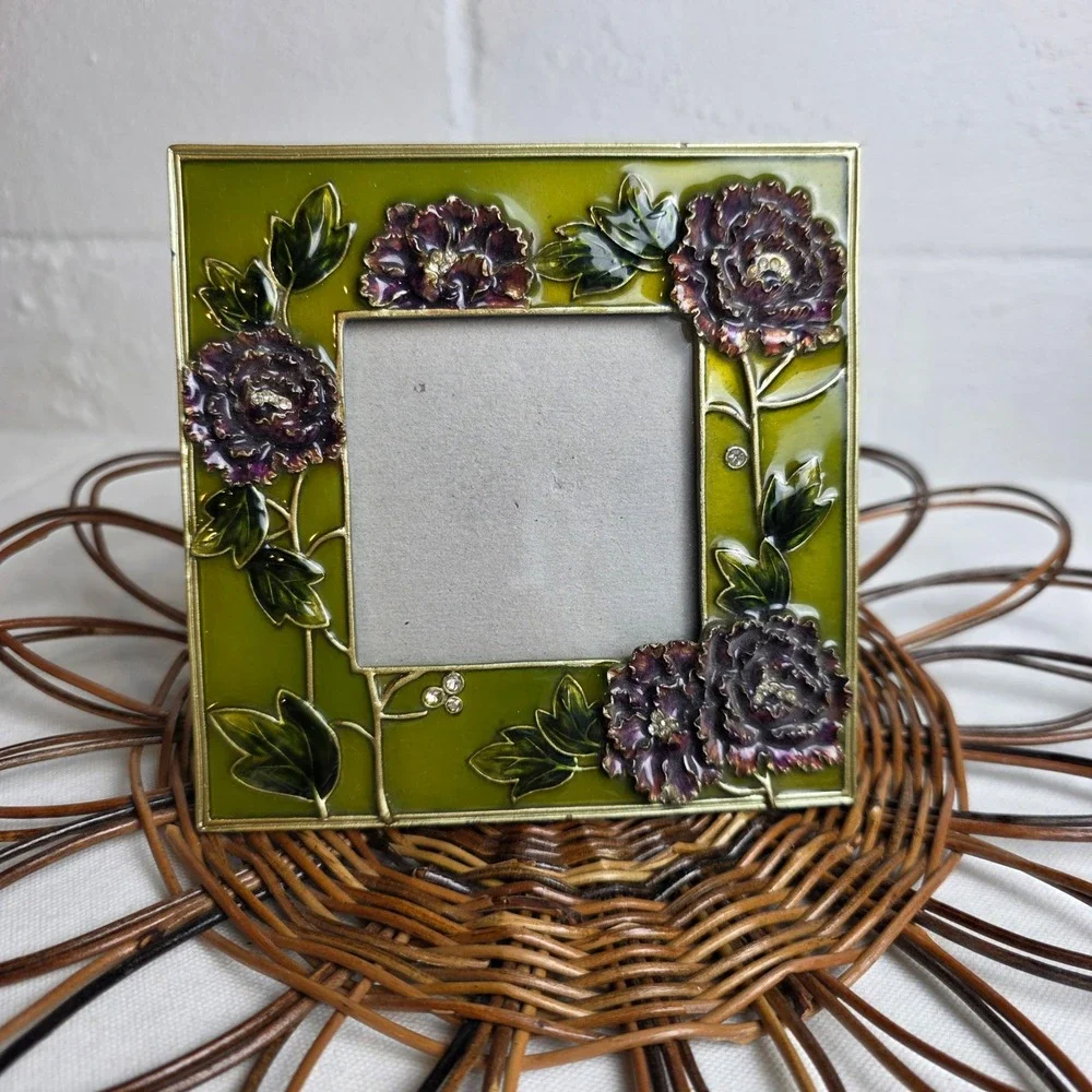 Vintage 90s Style Enamel Floral Picture Frame Green Purple Rhinestone Jeweled